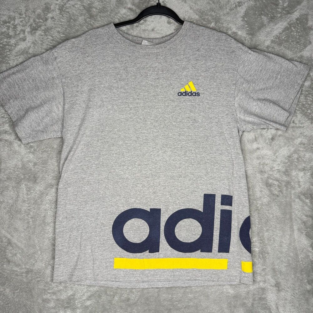Vtg Adidas T-Shirt Mens Medium Gray Spellout Logo Wrap Around Crewneck Tee Y2K